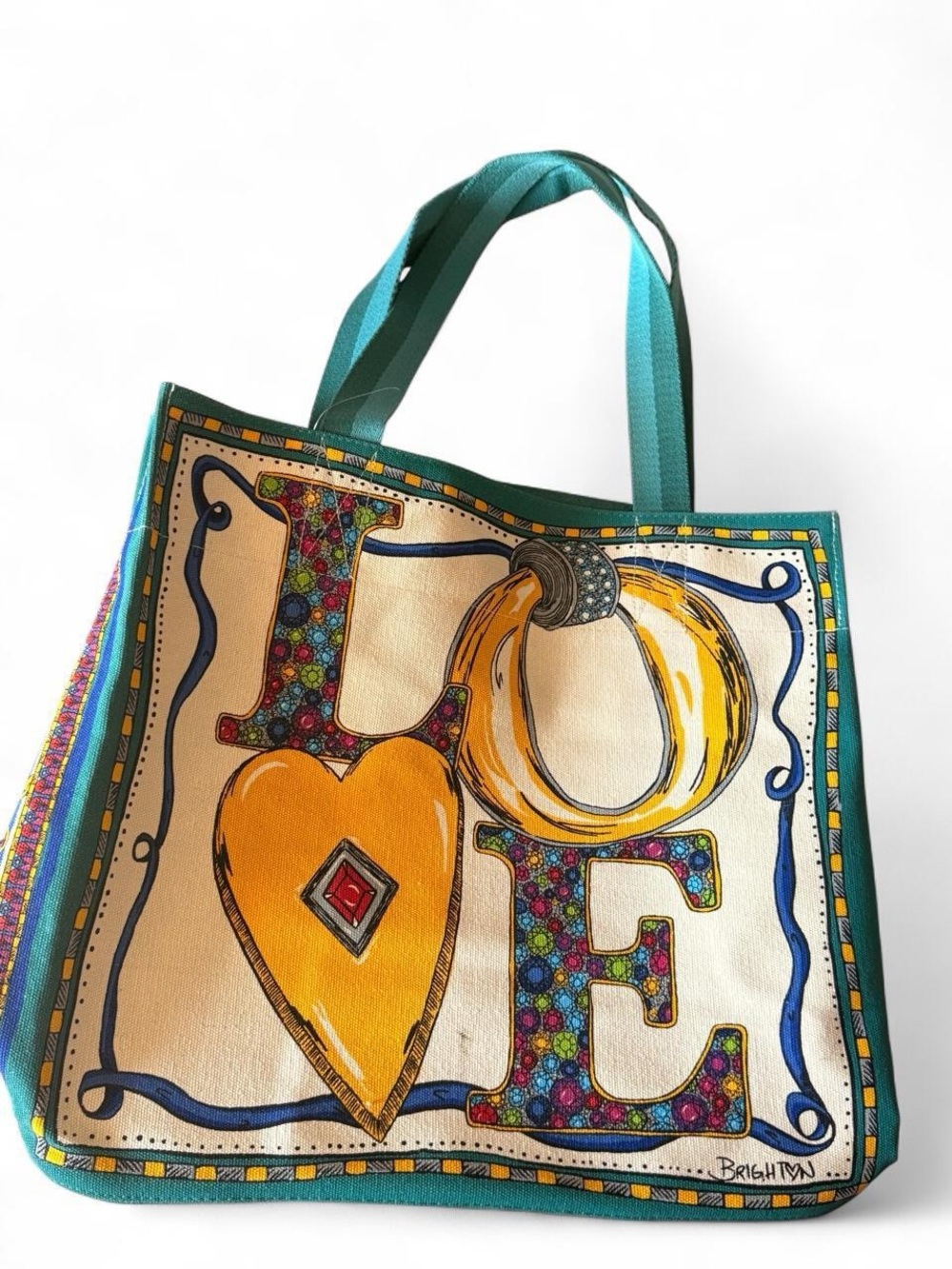Brighton Teal-Trim Canvas Tote with Multicolor Jewel Heart